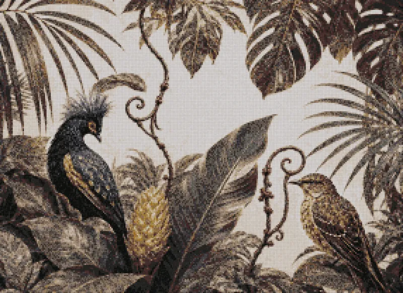 The Reverie als Steinmosaik: ein dunkler Vogel mit Federhaube und ein kleiner Singvogel zwischen Palmblättern, in Braun, Grau und Gold.