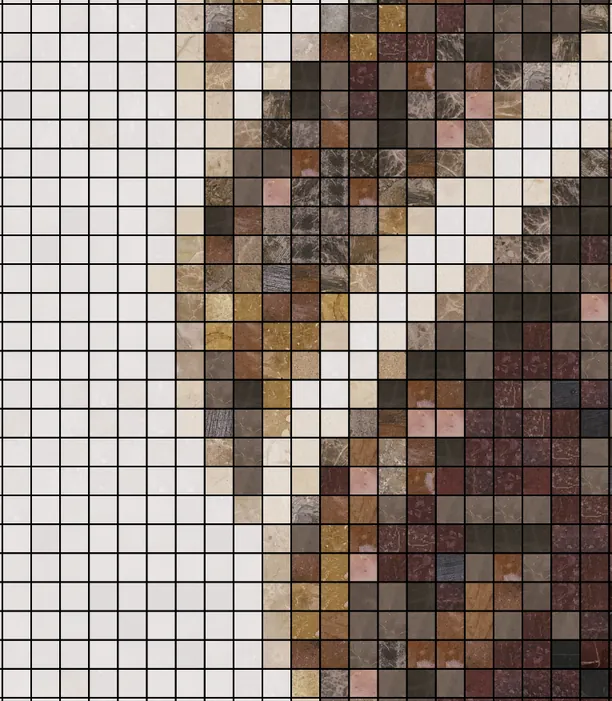 Detail von The Reverie: einzelne Steine von 1 × 1 cm in Weiß, Beige, Braun und dunklem Rot.