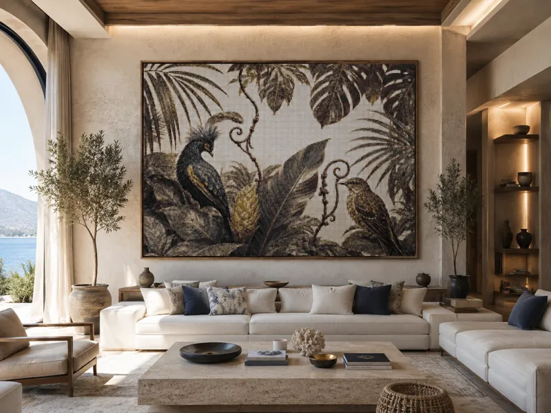 Simulation von The Reverie, einem Steinmosaik von 340 × 250 cm mit zwei Vögeln zwischen tropischen Blättern, über einem weißen Sofa in einem hellen Wohnzimmer.