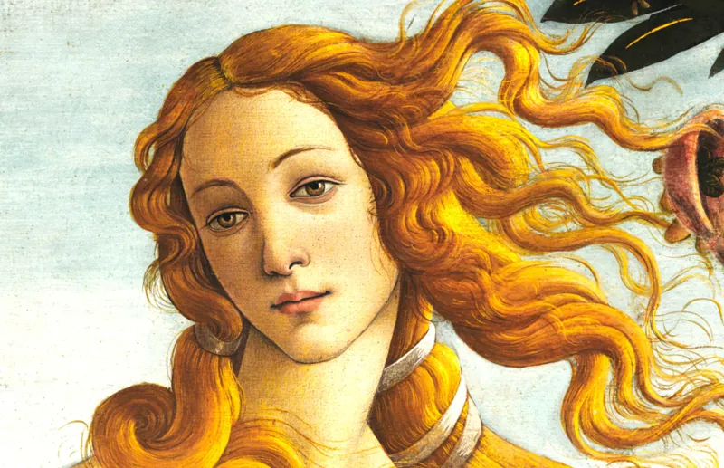 „Die Geburt der Venus“ von Sandro Botticelli, Ausschnitt mit Gesicht und goldenem Haar.